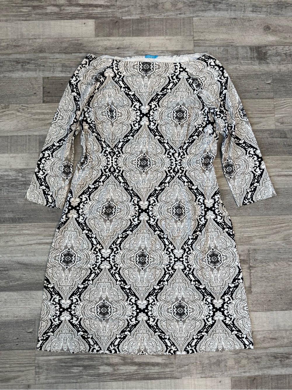 J. McLaughlin Grey Black 3/4 Sleeve Stretch Midi Dress Boatneck Size Large J23
